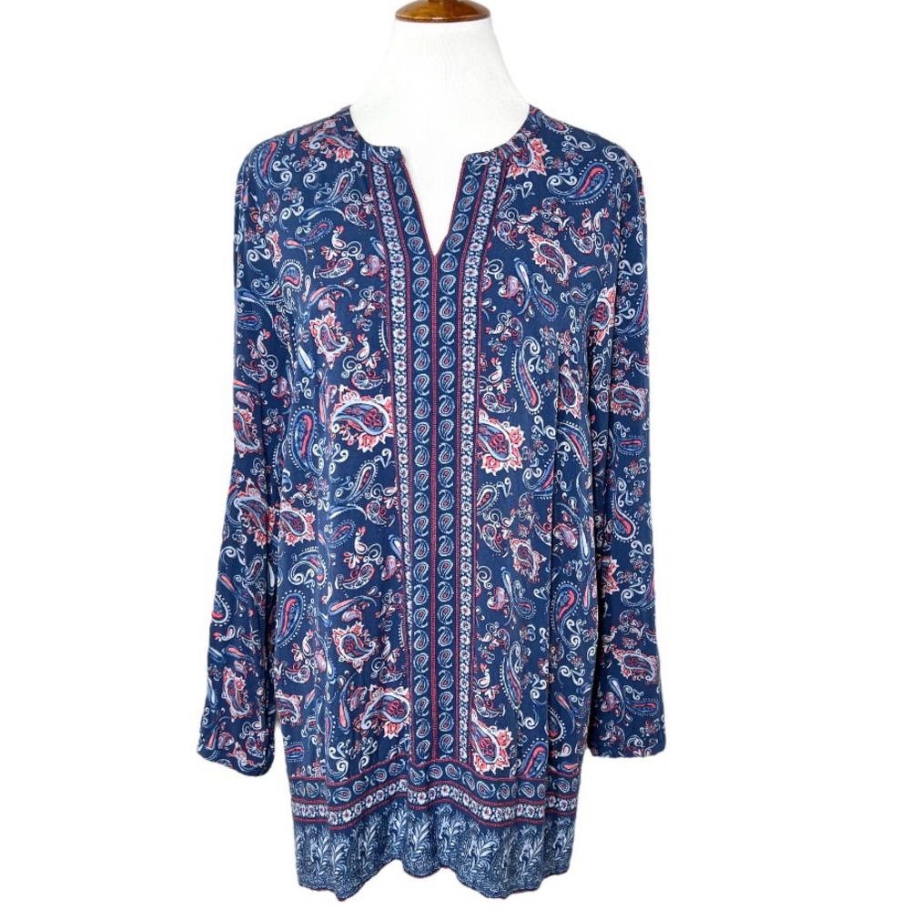 J. Jill Blue Paisley Print Long Sleeve Tunic Top Size Medium Tall - Picture 1 of 9